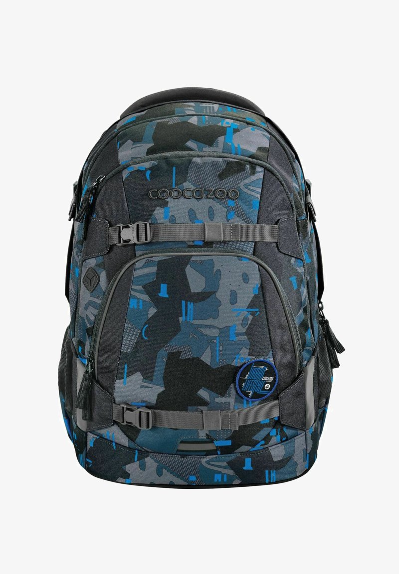 Backpack with a dark, camo pattern in shades of blue and gray, featuring adjustable straps, zippers, and a front logo patch. Durable fabric.