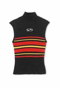 Fekete bordázott ujjatlan garbó pulóver piros, narancs és sárga vízszintes csíkokkal. Elöl középen fehér logóval.