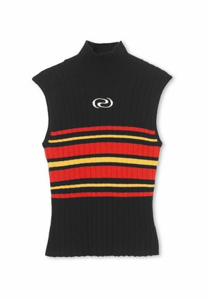 Juodas dryžuotas be rankovių kaklaraiščio megztinis su raudonomis, oranžinėmis ir geltonomis horizontaliomis juostelėmis. Pirmo centro dalyje yra baltas logotipas.