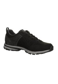 Black athletic shoe with a suede and mesh upper, textured details, and a gray rubber sole. Features lace-up design and rear pull tab.