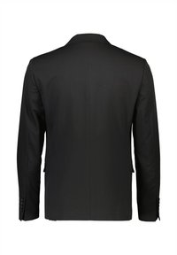 Blazer formale nero da uomo visto da dietro con maniche lunghe e dettagli con bottoni sui polsini.