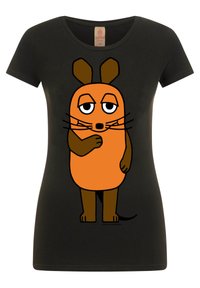 Black T-shirt featuring a cartoon character with an orange body and brown accents, showcasing a simple design with distinct facial features.