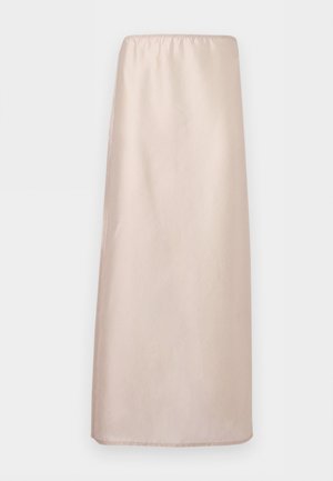 Lyse beige, lang lige nederdel med elastik i taljen, vist fladt mod en hvid baggrund.