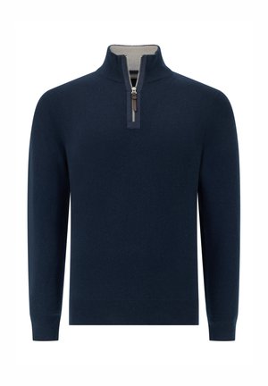 Námořnický modrý svetr s polo zipem, žebrovanými manžetami a spodním lemem a kontrastním světle šedým výstřihem. Měkký materiál a vkusný design.