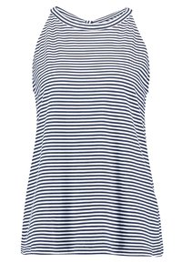 Camisetta senza maniche a righe con righe orizzontali blu navy e bianche, design con scollo tondo e vestibilità rilassata in tessuto morbido.