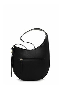 Musta teksturoitu puoliympyrän muotoinen olkalaukku, jossa säädettävä olkahihna ja etutasku vetoketjulla, esitetty valkoista taustaa vasten.