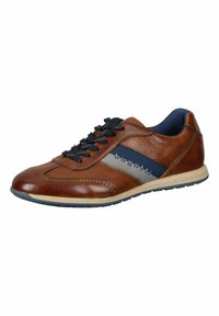 Sneaker in pelle marrone con dettagli blu, design in mesh traspirante e lacci neri. La suola è di un beige chiaro con un motivo testurizzato.