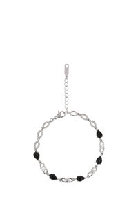 Stříbrný řetízkový náramek s černými kapkovými a oválnými korálky prokládanými průhlednými kamínky. Nastavitelný s uzavíráním na sponu.