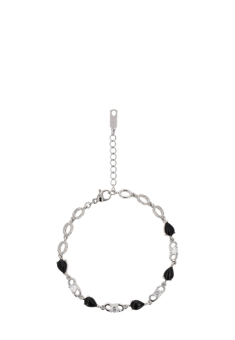 Stříbrný řetízkový náramek s černými kapkovými a oválnými korálky prokládanými průhlednými kamínky. Nastavitelný s uzavíráním na sponu.