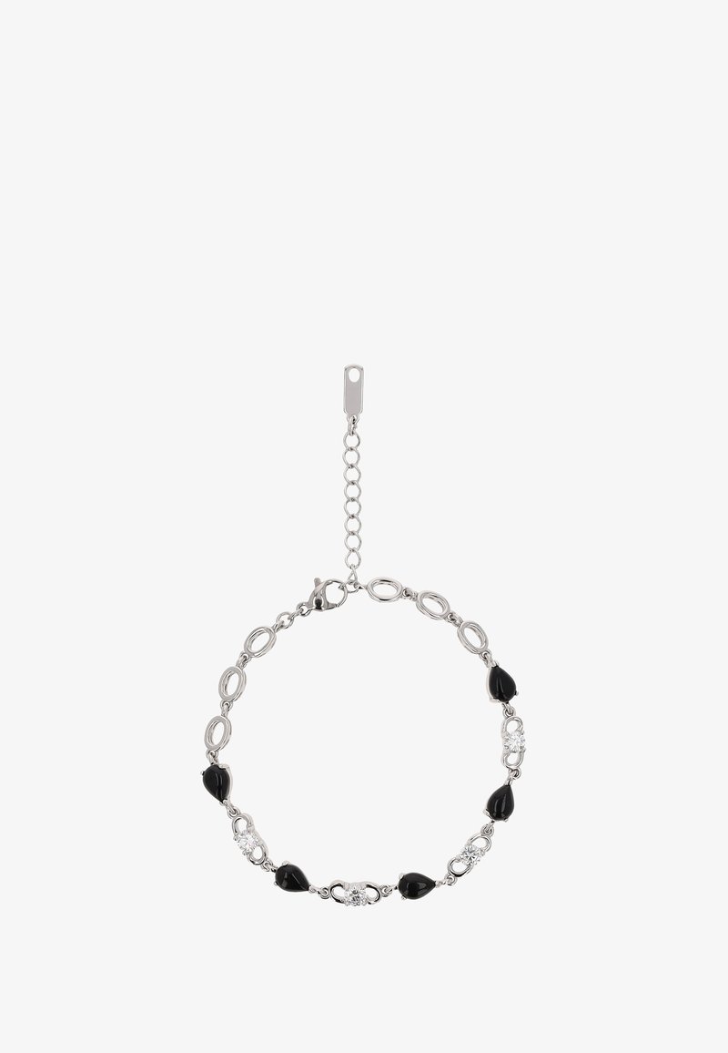 Stříbrný řetízkový náramek s černými kapkovými a oválnými korálky prokládanými průhlednými kamínky. Nastavitelný s uzavíráním na sponu.