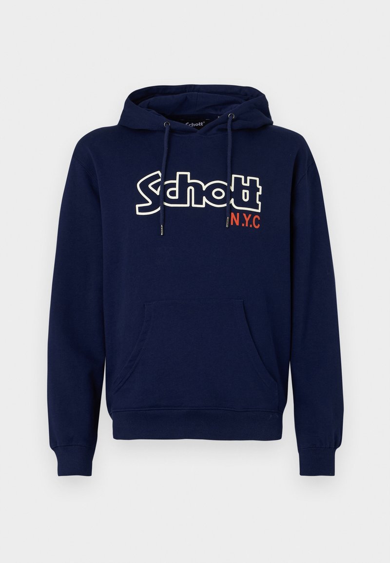 Haut à capuche bleu marine avec cordons, une poche avant et un grand logo "Schott N.Y.C" blanc et rouge sur la poitrine. En mélange de coton.