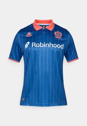 Blå fotballtrøye med vertikale striper, oransje krage og detaljer. Har logoer for Kappa og Robinhood på forsiden. Lett materiale.