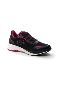 Black athletic shoe with pink accents, featuring a mesh upper, textured patterns, and a cushioned white sole for comfort and support.