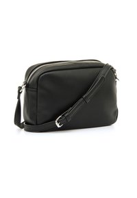 Schwarze Leder-Umhängetasche mit rechteckiger Form, ausgestattet mit einem Reißverschluss und einem verstellbaren Riemen, mit einer glatten Oberfläche.