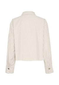 Giacca cropped a righe in avorio e grigio, con colletto classico e polsini con bottone per un look sartoriale. Tessuto dalla texture liscia.