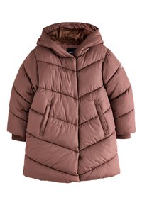 Brązowy pikowany płaszcz puchowy z przeszyciami w kszta łcie jodełki, kapturem i bocznymi kieszeniami. Wyposażony w miękką podszewkę i ściągacze na rękawach dla dodatkowego ciepła.