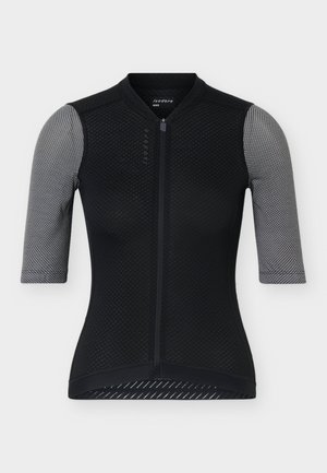 Čierny priliehavý cyklistický dres s predným zipsom a krátkymi sieťovanými rukávmi v kontrastnom svetlosivom vzore, určený pre ženy.