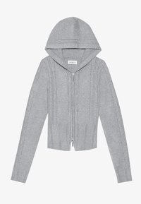 Light grey zip-up hoodie with a hood, featuring cable knit patterns, ribbed hem and cuffs, and a smooth texture. Perfect for layering.