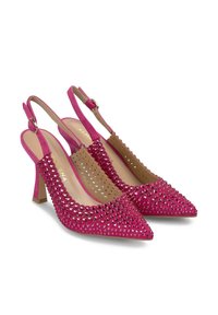 Zapatos de tacón de ante rosa con punta afilada, adornados con strass, con un diseño recortado texturizado y un tacón bloque de altura media.