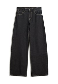 Črne široke jeanse z visokim pasom, petimi žepek, kontrastnim šivanjem in gumbom za zapiranje. Gladka tekstura s klasičnim krojem.