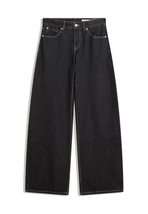 Jeans in denim neri a gamba larga con vita alta, cinque tasche, cuciture a contrasto e chiusura con bottone. Tessuto liscio con un taglio classico.