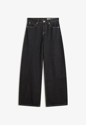 Zwarte wijde spijkerbroek met een hoge taille, vijf zakken, contrasterende stiksels en een knoopsluiting. Gladde textuur met een klassieke snit.