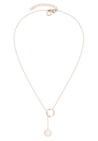 Rosen guld halskæde med en delikat kæde, der har en cirkulær vedhæng og en lille skive charm med indgraveret tekst, minimalistisk design.