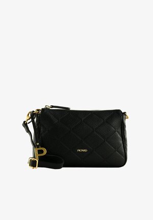 Schwarze Lederhandtasche mit gestepptem Muster, goldenen Beschlägen und abnehmbarem Tragegurt. Verfügt über einen Reißverschluss und ein geprägtes Markenlogo.