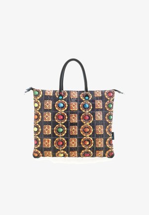 Borsa a spalla con manici neri, caratterizzata da un motivo a scacchi di quadrati e disegni circolari di gemme colorate.