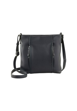 Leather crossbody bag in dark gray with textured surface, two zippered pockets, and adjustable strap. Rectangular shape, minimalist design.