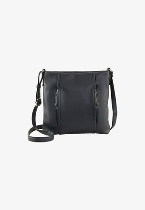 Skórzana torba na ramię w ciemnoszarym kolorze, z teksturowaną powierzchnią, dwoma zamykanymi na zamek kieszeniami i regulowanym paskiem. Prostokątny kształt, minimalistyczny design.