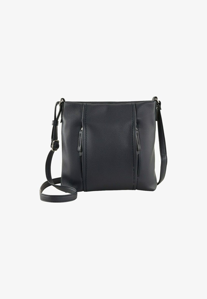 Kožená crossbody taška v tmavě šedé barvě s texturovaným povrchem, dvěma zipovými kapsami a nastavitelním popruhem. Obdélníkový tvar, minimalistický design.