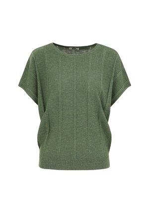 Groene trui met korte mouwen en een ronde hals, voorzien van een verticale ribbelstructuur en een ontspannen, vierkante pasvorm.