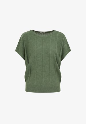 Groene trui met korte mouwen en een ronde hals, voorzien van een verticale ribbelstructuur en een ontspannen, vierkante pasvorm.