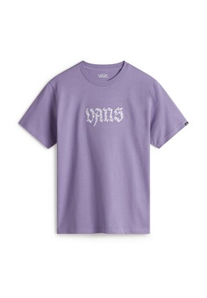 Lavendel bomull t-shirt med en gotisk "VANS" logotyp i vitt i mitten, korta ärmar och rundad halsringning. Slät textur.