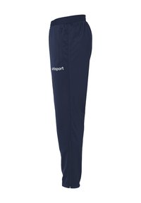 Marineblauwe sportbroek gemaakt van flexibel materiaal met een elastische tailleband, zijzakken en een rits bij de enkels. Heeft een wit logodetail.