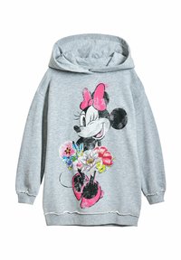 Grauer Hoodie mit einem großen Grafikmotiv eines Charakters, der Blumen hält, mit einer rosa Schleife, entspannter und oversized Passform. Glatte Textur.