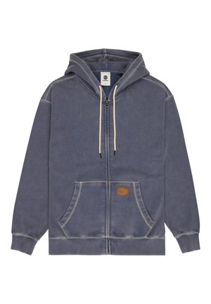 Zip-up blue-gray hoodie with front pockets, beige drawstrings, ribbed cuffs, and a brown logo patch on the left pocket.