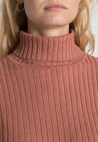 Ribattentava turtleneck neulottu ruskeassa värissä, jossa on pystysuorat raidat ja korkea kaulus. Pehmeä rakenne, jossa on hienovarainen kiilto ja ompelu yksityiskohtia.