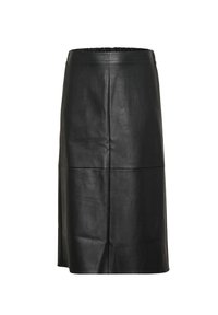 Fustă din piele neagră cu un talie elastică, având o textură netedă, design până la genunchi și cusături orizontale pentru un plus de detaliu.