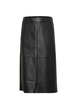 Jupe en cuir noir avec une taille élastique, présentant une texture lisse, un design длино�й до колена и горизонтальные coutures pour un détail supplémentaire.