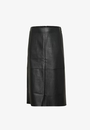 Musta nahkahame, jossa on joustava vyötärö, sileä pinta, polvipituinen muotoilu ja vaakasaumat lisäyksinä.