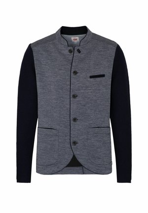 Marineblauwe en grijze blazer van gestructureerde stof met een opstaande kraag, knoopsluiting aan de voorkant, twee steekzakken aan de zijkant en een borstzak.