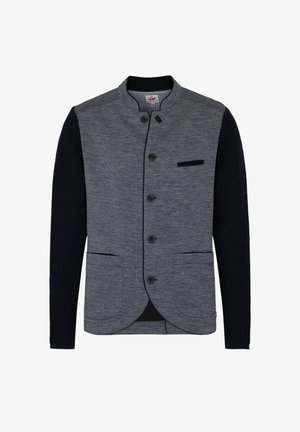 Marineblauer und grauer Blazer aus strukturiertem Stoff mit Stehkragen, Knopfleiste, zwei Seitentaschen und einer Brusttasche.