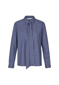 Blusa a scacchi blu con colletto, maniche lunghe e dettaglio con cravatta al collo. Il tessuto appare liscio con una leggera texture e una vestibilità strutturata.