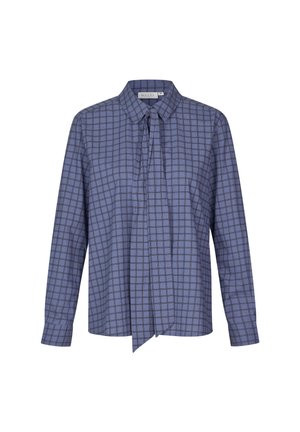 Blusa a scacchi blu con colletto, maniche lunghe e dettaglio con cravatta al collo. Il tessuto appare liscio con una leggera texture e una vestibilità strutturata.