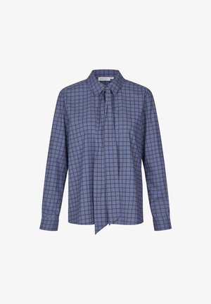 Blauw geruite blouse met een kraag, lange mouwen en een strikdetail bij de hals. De stof lijkt glad met een lichte textuur en een gestructureerde pasvorm.