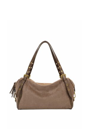 Soft brown suede handbag with double dark leather handles featuring gold-tone eyelets and buckles, and tassel details on the side.