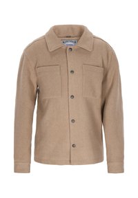 Beige wollen jas met een kraag, knopen aan de voorkant en twee borstzakken, gepresenteerd tegen een witte achtergrond.