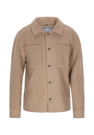 Beige wollen jas met een kraag, knopen aan de voorkant en twee borstzakken, gepresenteerd tegen een witte achtergrond.